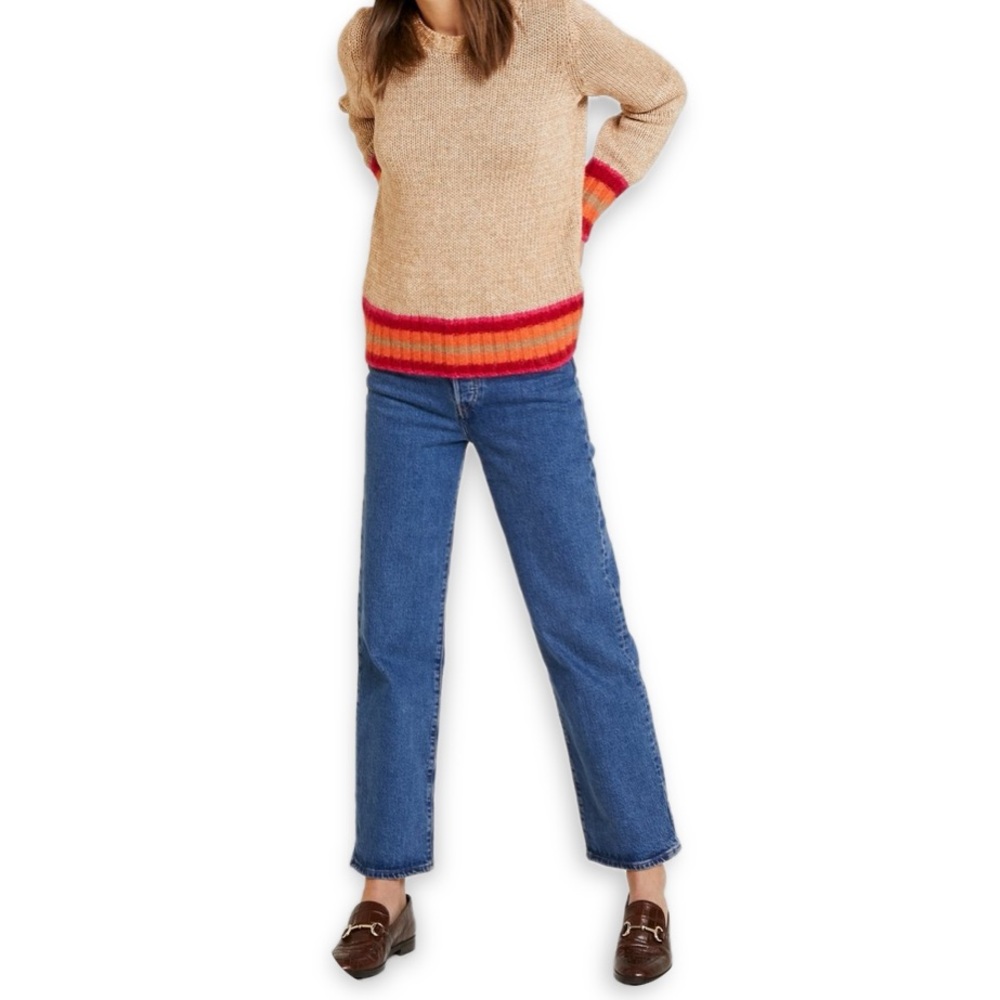 GAP Blouson Novel Sweater Beige Pink Orange Striped Alpaca Wool Accents Sz S - Picture 8 of 8